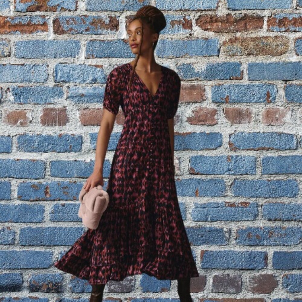 NWT By Anthropologie Printed Ruched-Sleeve Maxi Dress-XS